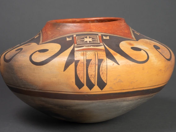 large polychrome jar with eagle tail designs