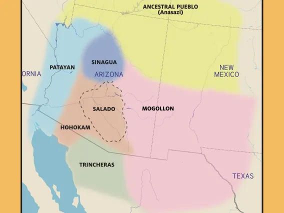 This map shows the approximate boundaries  of the region’s ancient cultures circa 1300 C.E. (C.E. = A.D.).