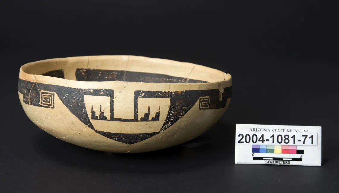 This is one of five purposely broken bowls found in the fill of a room at the ancestral Hopi pueblo called Homol'ovi I