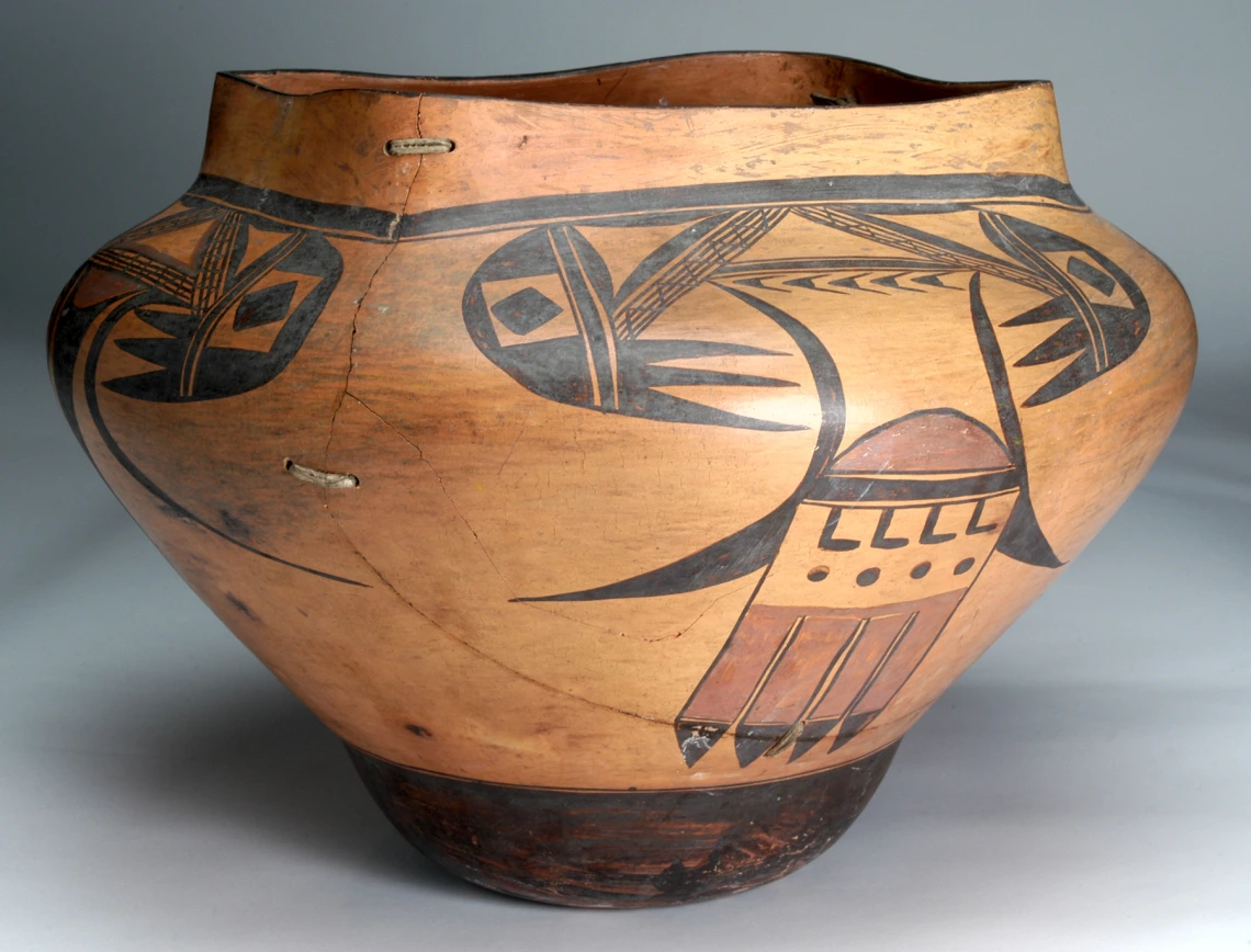 A large square-top Hopi polychrome jar.