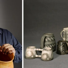 On the left is a photo of man wearing a blue ball cap holding a red clay pot. On the right is an array of 7 ancient black-on-white ceramics in the shape of modern-day mugs.